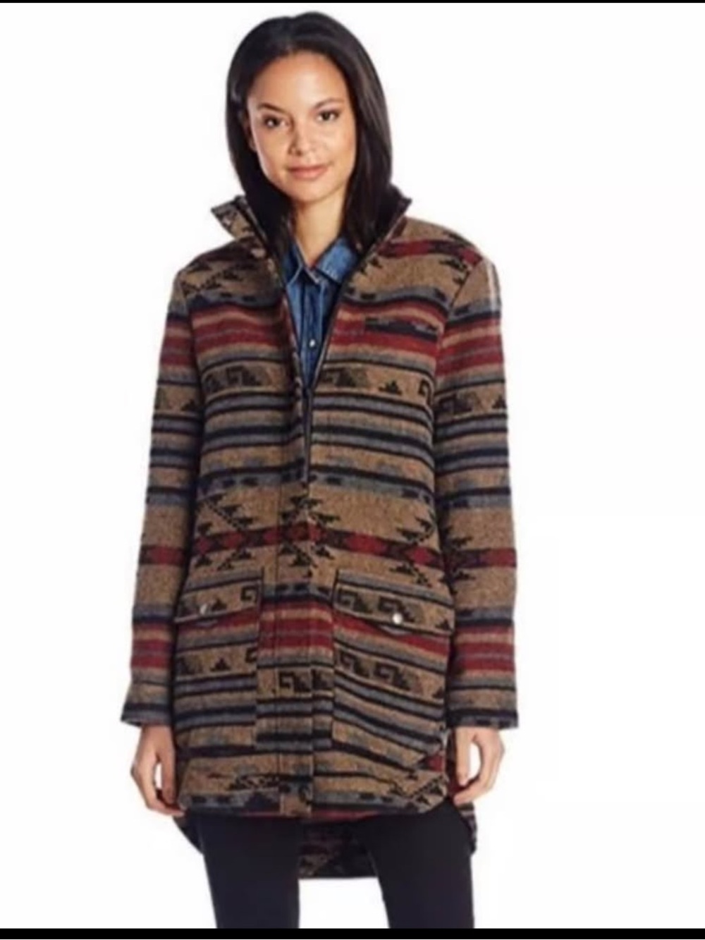 Jack by BB Dakota Brown & Red Aztec Stripe Trench Coat